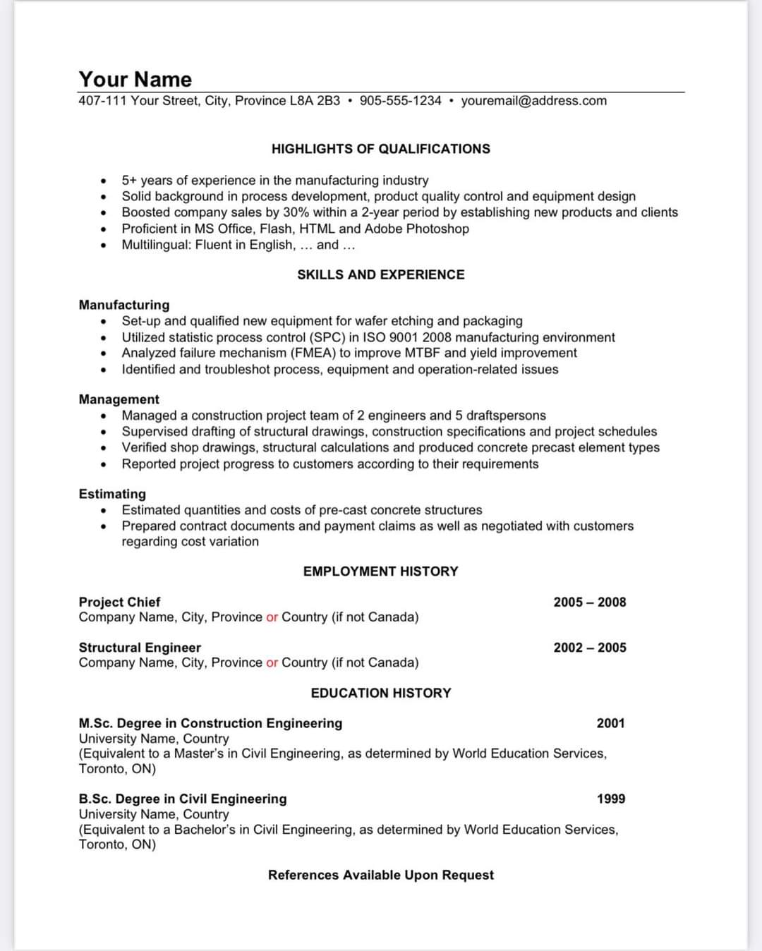 Canadian Resume Format 2023