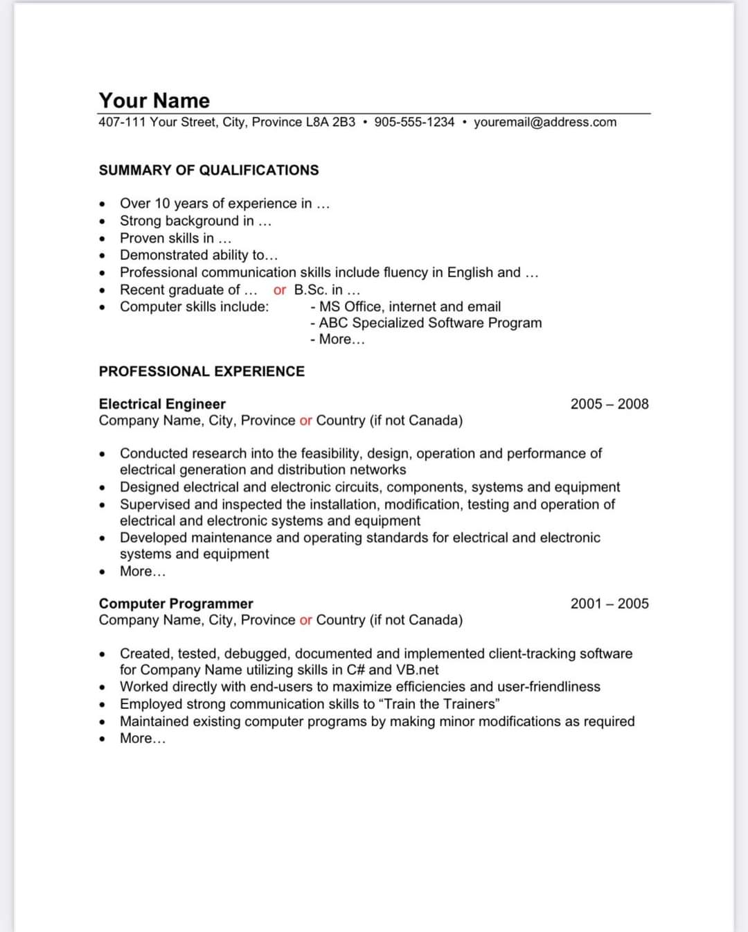 Canadian Resume Format 2023