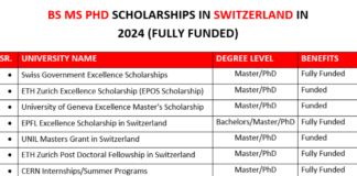 BS MS and PhD Scholarships in Switzerland