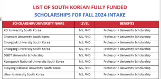 List of South Korean Fully Funded Scholarships for Fall 2024