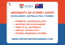 University of Sydney AGRTP Scholarship 2026, Australia (Fully Funded) University of Sydney AGRTP Scholarship 2026