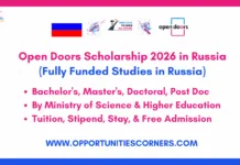 Open Doors Scholarship 2026 in Russia (Fully Funded) Open Doors Scholarship 2026 in Russia