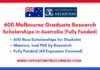 600 University of Melbourne Graduate Research Scholarships 2026